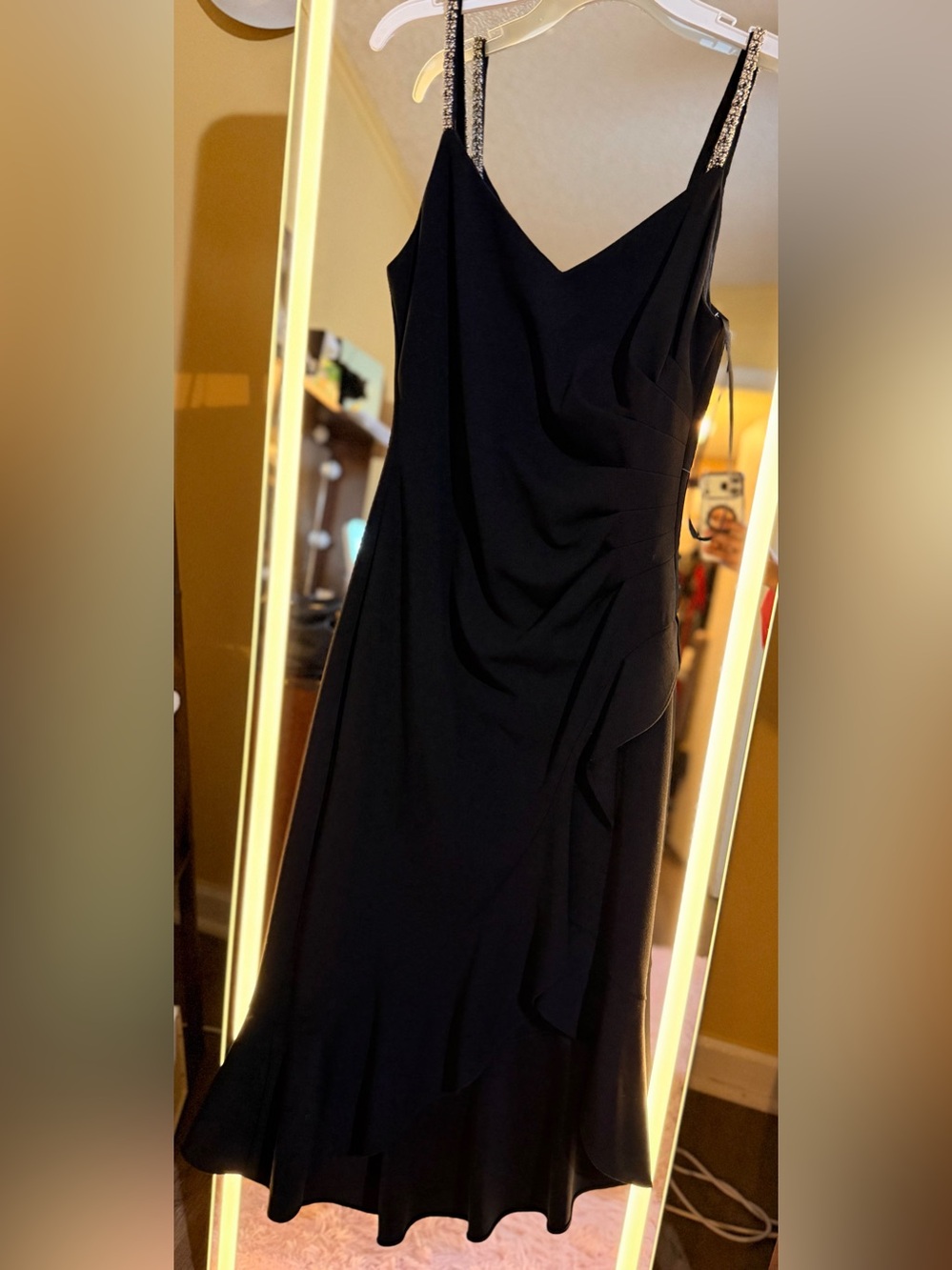 Xscape Black Midi Dress with Draped V-Neck